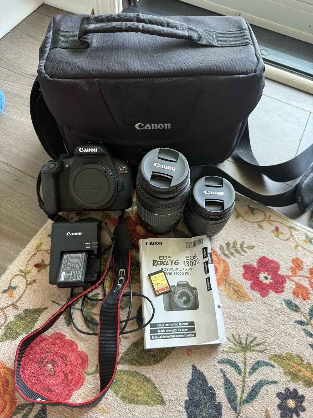 Canon EOS Rebel T6 DSLR Body in Black plus two lens / bag / 128 GB SD card